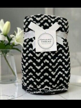 2pc COMMON THREAD BLACK WHITE CHEVRON JACQUARD COTTON HAND TOWEL SET NEW